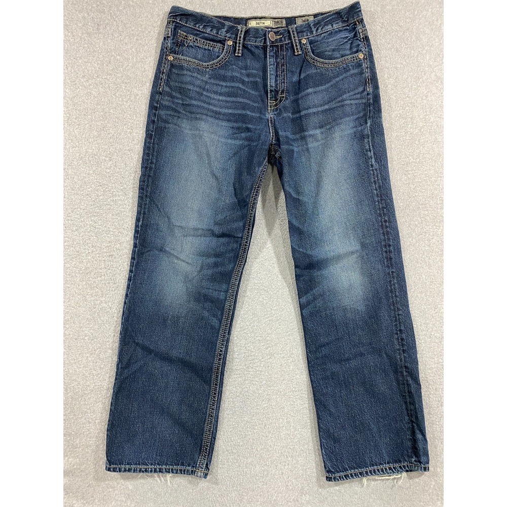 BKE Seth Jeans Mens 36x32 Blue Dark Wash Straight Stretch Stitched Faded Denim
